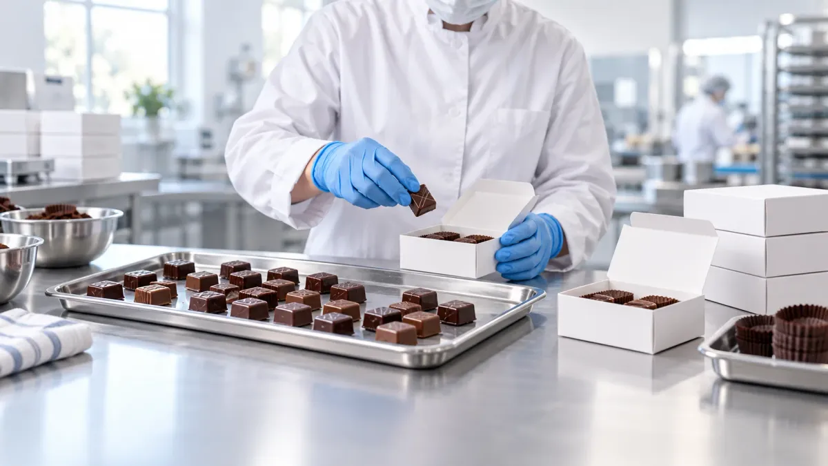 Conceptual hygienic chocolate portion-packing operation