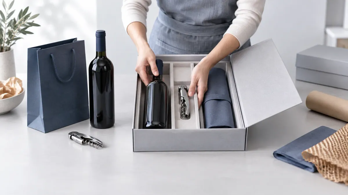Conceptual wine gift-set kitting and repackaging