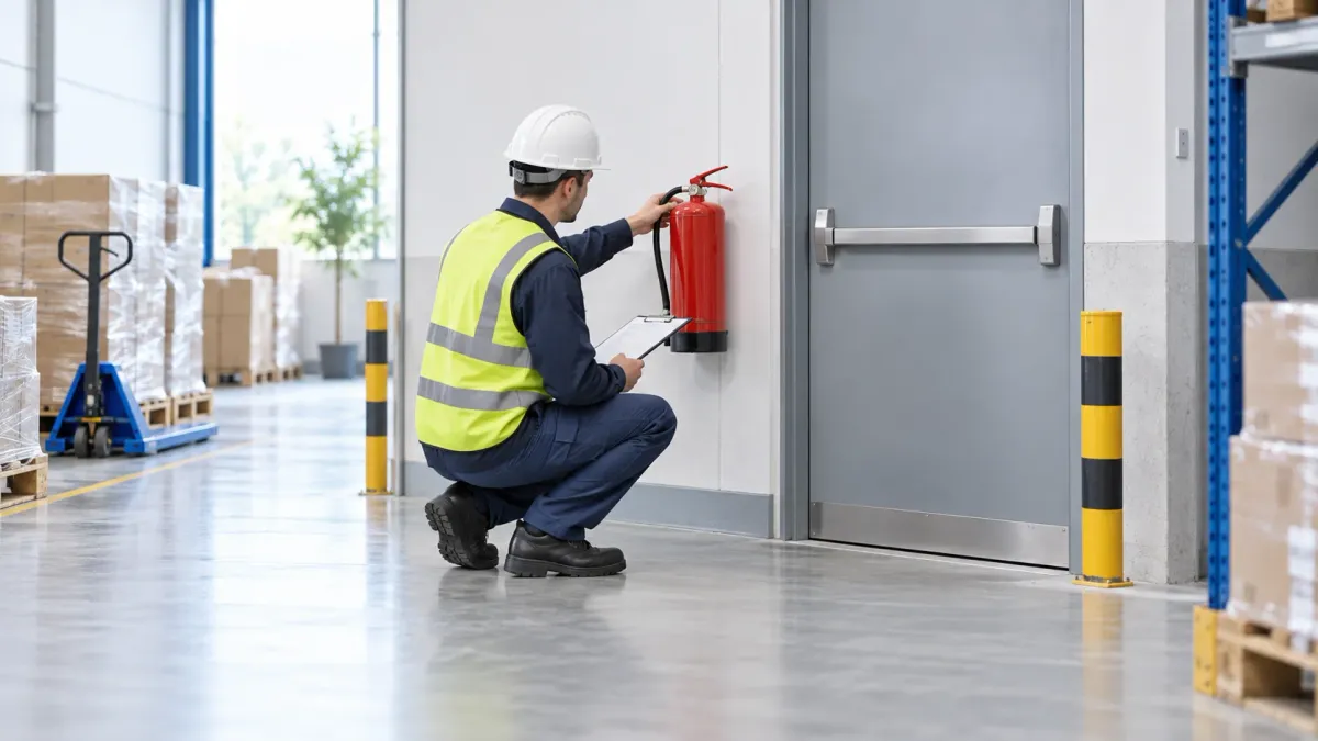 Conceptual warehouse fire equipment and clear-aisle inspection