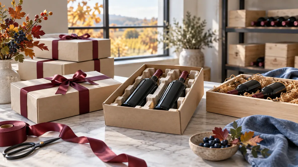 Conceptual seasonal wine gifts and staged dispatch preparation