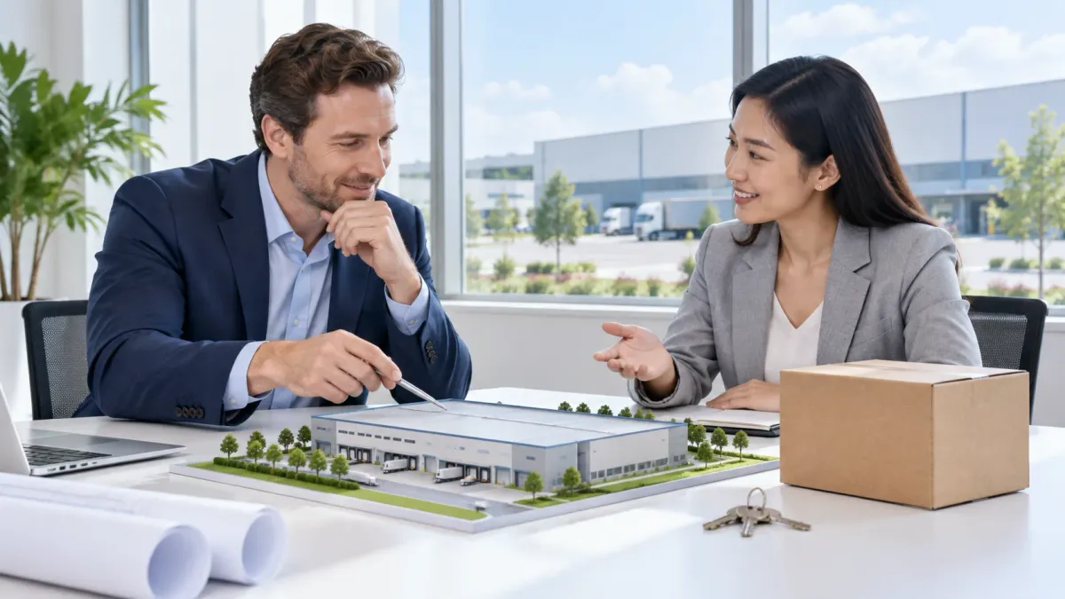 Conceptual warehouse-leasing consultation for an overseas brand