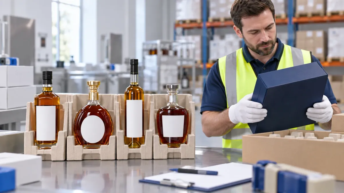 Illustration of bottled spirits and gift-box receiving inspection