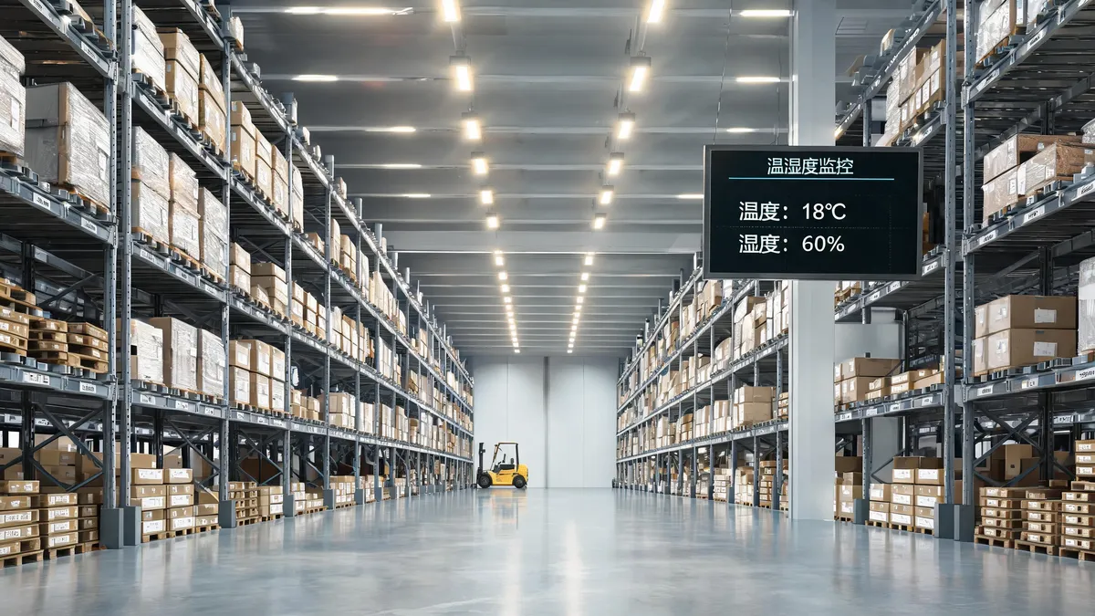 Illustration of a controlled warehouse aisle and environmental monitor