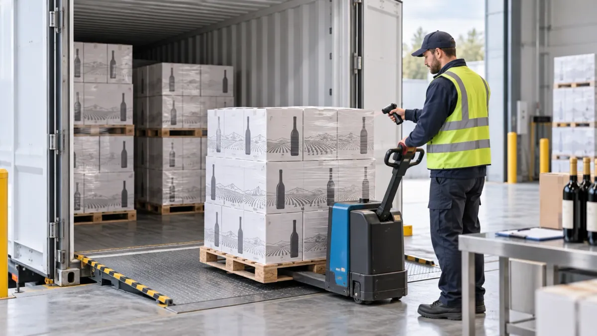 Illustration of wine import handover from freight container to warehouse