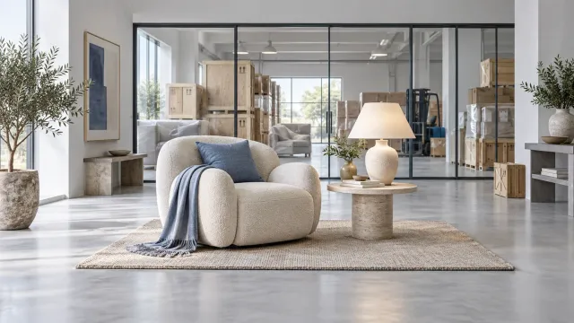Conceptual imported furniture display connected to back-of-house storage