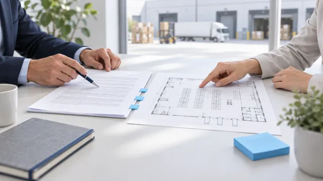 Conceptual warehouse lease and floor-plan review