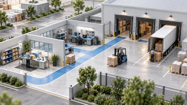 Conceptual logistics park with inspection, repair and dispatch functions