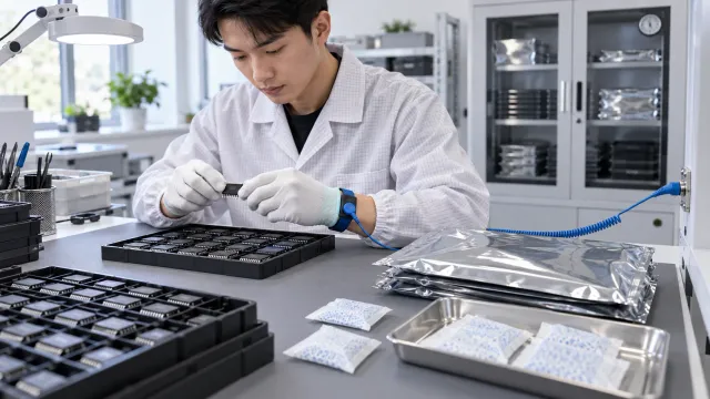 电子元器件防静电与防潮存储概念图