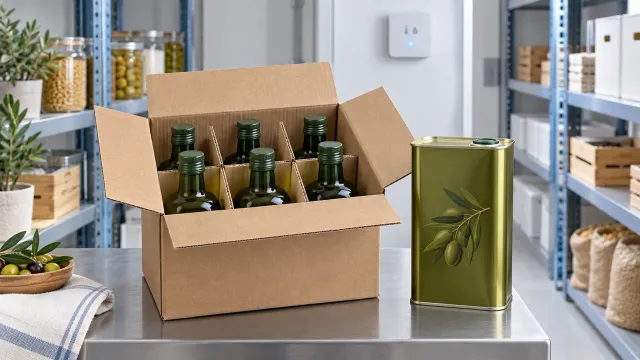 Illustration of light-protective olive-oil packing and controlled storage
